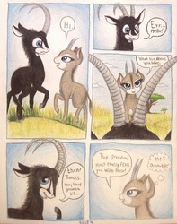 Size: 793x1008 | Tagged: safe, artist:thefriendlyelephant, oc, oc only, oc:sabe, oc:uganda, antelope, giant sable antelope, comic:sable story, acacia tree, africa, animal in mlp form, awkward moment, awkward smile, bashful, bedroom eyes, blushing, cloven hooves, comic, dialogue, duo, flirting, grass, hill, horns, savanna, smiling, speech bubble, surprised, thought bubble, traditional art