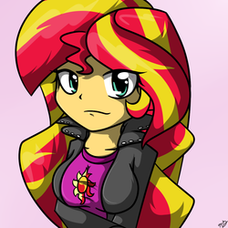 Size: 1024x1024 | Tagged: safe, artist:oakenchi, sunset shimmer, equestria girls, g4, breasts, busty sunset shimmer, female, looking at you, smiling, solo