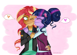 Size: 1008x720 | Tagged: safe, artist:lelka-philka, sci-twi, sunset shimmer, twilight sparkle, equestria girls, g4, my little pony equestria girls: friendship games, clothes, crystal prep academy, crystal prep academy uniform, crystal prep shadowbolts, eyes closed, female, glasses, heart, leather jacket, lesbian, one eye closed, school uniform, ship:sci-twishimmer, ship:sunsetsparkle, shipping, signature, skirt
