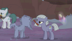 Size: 640x360 | Tagged: safe, screencap, cloudy quartz, limestone pie, earth pony, pony, g4, hearthbreakers, animated, female, lidded eyes, mare, mouth hold, perfect loop, rock doll, rock hammer