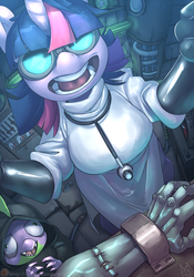 Size: 840x1200 | Tagged: safe, artist:atryl, spike, twilight sparkle, dragon, monster pony, robot, unicorn, anthro, g4, arm, clothes, derp, female, frankenstein's monster, goggles, halloween, hoodie, igor, mad scientist, male, open mouth, stethoscope, sweater