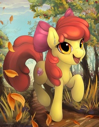 Size: 1600x2036 | Tagged: safe, artist:viwrastupr, apple bloom, earth pony, pony, crusaders of the lost mark, g4, backwards cutie mark, bow, cloud, cutie mark, ear fluff, female, filly, hair bow, leaves, open mouth, raised hoof, sky, solo, the cmc's cutie marks, tree