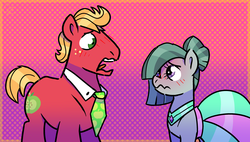 Size: 3000x1700 | Tagged: safe, artist:hateful-minds, big macintosh, marble pie, earth pony, pony, g4, hearthbreakers, alternate hairstyle, blushing, clothes, dress, eye contact, frown, male, marriage, open mouth, ship:marblemac, shipping, stallion, straight, wavy mouth, wedding, wide eyes