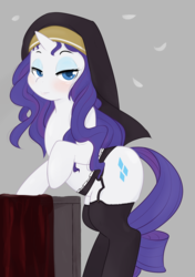 Size: 1943x2760 | Tagged: safe, artist:zoarity, rarity, pony, unicorn, g4, alternate hairstyle, bedroom eyes, bipedal, black underwear, blushing, clothes, female, garter belt, garters, horn, lingerie, looking at you, mare, nun, nun rarity, socks, solo, standing, stockings, tail, thigh highs, underwear