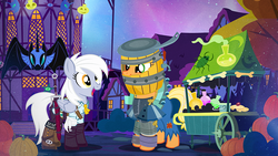 Size: 1000x565 | Tagged: safe, artist:pixelkitties, applejack, derpy hooves, pegasus, pony, g4, ciri, clothes, costume, female, mare, ned kelly, nightmare night, nightmare night costume, the witcher