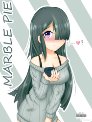 Size: 1200x1600 | Tagged: safe, artist:vanillafox2035, marble pie, human, g4, hearthbreakers, blushing, clothes, female, hair over one eye, heart, humanized, looking at you, question mark, rock, smiling, solo, sweater, sweater dress