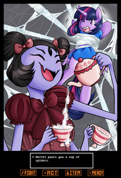 Size: 3175x4660 | Tagged: safe, artist:azure-doodle, twilight sparkle, alicorn, pony, spider, g4, bondage, clothes, crossover, eyes closed, female, frisk, mare, muffet, one eye closed, open mouth, shirt, smiling, spider web, stuck, teacup, teapot, twilight friskle, twilight sparkle (alicorn), undertale, wink