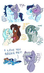 Size: 1024x1707 | Tagged: safe, artist:dreamscapevalley, coco pommel, limestone pie, marble pie, soarin', spitfire, trouble shoes, earth pony, pegasus, pony, g4, hearthbreakers, bedroom eyes, blushing, bowtie, braeble, crack shipping, cute, eye contact, eyes closed, female, floppy ears, grin, hug, implied braeburn, leaning, limin', male, shipping, smiling, straight, troublepommel, winghug