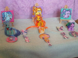 Size: 3488x2616 | Tagged: safe, artist:blazingdazzlingdusk, adagio dazzle, aria blaze, sonata dusk, equestria girls, g4, my little pony equestria girls: rainbow rocks, badge, collection, customized toy, figure, high res, irl, magnet, necklace, painting, photo, shrine, the dazzlings, toy