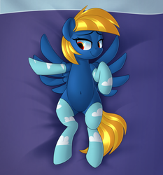 Size: 1447x1552 | Tagged: safe, artist:january3rd, oc, oc only, oc:rainy season, pegasus, pony, bed, clothes, socks, solo