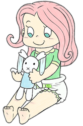 Size: 577x872 | Tagged: safe, artist:toddler-at-heart, fluttershy, human, g4, baby, diaper, female, humanized, no more ponies at source, plushie, simple background, sitting, solo, toddler, white background