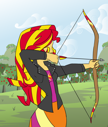 Size: 950x1116 | Tagged: safe, artist:sketchyjackie, sunset shimmer, equestria girls, g4, apple tree, archery, arrow, bow (weapon), bow and arrow, clothes, female, jacket, leather jacket, skirt, solo, tree