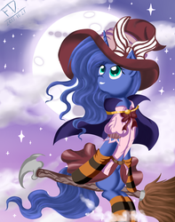 Size: 1849x2348 | Tagged: safe, artist:fluffydus, princess luna, g4, broom, clothes, cloud, cloudy, costume, female, flying, flying broomstick, full moon, looking up, moon, nightmare night costume, sitting, smiling, solo, stars
