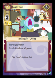 Size: 339x474 | Tagged: safe, edit, edited screencap, enterplay, screencap, harry, rainbow dash, bear, bird, chicken, owl, pony, g4, high magic, my little pony collectible card game, card, cauldron, ccg, fast food, merchandise, nose in the air, person as food, pun, rope, tied up, yelling