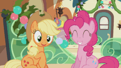 Size: 480x270 | Tagged: safe, screencap, applejack, lemon hearts, pinkie pie, earth pony, pony, unicorn, g4, hearthbreakers, animated, discovery family, discovery family logo, female, laughing, logo, magic, mare, newspaper, nose in the air, open mouth, talking, telekinesis, volumetric mouth