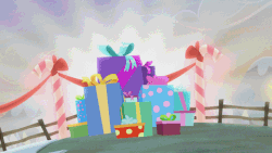 Size: 480x270 | Tagged: safe, screencap, applejack, earth pony, pony, g4, hearthbreakers, season 5, animated, applejack's hat, blinking, cowboy hat, cute, female, happy, hat, jackabetes, mare, open mouth, present, solo