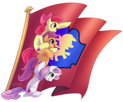 Size: 1200x1000 | Tagged: safe, artist:seanica, apple bloom, scootaloo, sweetie belle, crusaders of the lost mark, g4, cutie mark, cutie mark crusaders, flag, pony pile, the cmc's cutie marks, tower of pony