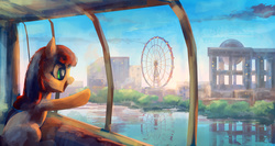 Size: 1920x1020 | Tagged: safe, artist:hunternif, oc, oc only, city, cityscape, ferris wheel, odaiba, reflection, solo, speedpaint, tokyo, water