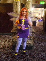 Size: 1518x2023 | Tagged: safe, artist:blazingdazzlingdusk, adagio dazzle, human, uk ponycon, uk ponycon 2015, equestria girls, g4, my little pony equestria girls: rainbow rocks, clothes, convention, cosplay, costume, female, fin wings, irl, irl human, microphone, photo, plushie