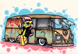 Size: 3269x2270 | Tagged: safe, artist:sketchywolf-13, fluttershy, g4, alternate hairstyle, bipedal leaning, cigarette, clothes, coin, female, high res, leather jacket, microbus, rockabilly, smoking, solo, van, volkswagen, volkswagen transporter, volkswagen type 2