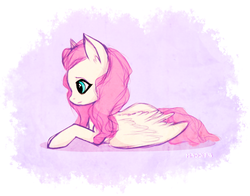 Size: 941x738 | Tagged: safe, artist:cutieink, fluttershy, pegasus, pony, g4, female, looking at something, lying down, mare, profile, prone, solo, spread wings, wings