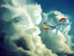 Size: 1681x1261 | Tagged: safe, artist:jubilannt, rainbow dash, pegasus, pony, g4, cloud, cloudy, female, flying, solo, windswept mane
