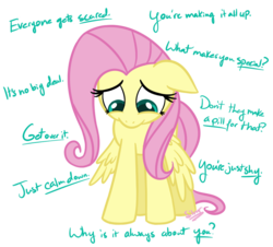 Size: 909x822 | Tagged: safe, artist:silverrainclouds, fluttershy, pegasus, pony, g4, bullying, dialogue, female, floppy ears, front view, looking down, mare, sad, simple background, solo, spread wings, standing, this will end in school shooting, transparent background, wings, wings down