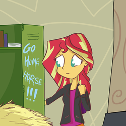Size: 806x806 | Tagged: safe, artist:tjpones, sunset shimmer, human, equestria girls, g4, book, bullying, cute, female, hay, homesick, homesick shimmer, lockers, racism, sad, sadorable, shimmerbetes, shimmerbuse, solo, speciesism, this will end in school shooting