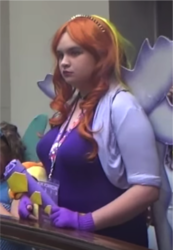 Size: 854x1231 | Tagged: safe, artist:blazingdazzlingdusk, adagio dazzle, human, uk ponycon, uk ponycon 2015, equestria girls, g4, my little pony equestria girls: rainbow rocks, clothes, convention, cosplay, costume, female, fin wings, irl, irl human, microphone, photo, plushie