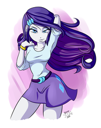 Size: 1280x1616 | Tagged: safe, artist:ponut_joe, rarity, equestria girls, g4, arm behind head, bedroom eyes, bracelet, breasts, busty rarity, clothes, fabulous, female, flying skirt, grin, hair, hairpin, jewelry, legs, looking at you, makeup, miniskirt, pose, sexy, signature, skirt, smiling, smirk, solo, teenager, thighs, windswept hair, windswept mane