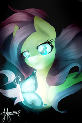 Size: 354x531 | Tagged: safe, artist:dakamy, fluttershy, butterfly, g4, bust, colored pupils, female, glowing, solo