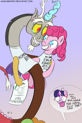 Size: 1050x1575 | Tagged: safe, artist:halflingpony, discord, pinkie pie, twilight sparkle, g4, maternity test, mother and son, wat