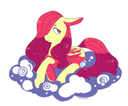 Size: 2242x1868 | Tagged: safe, artist:chiptoony, fluttershy, pegasus, pony, g4, cloud, cute, female, folded wings, hair over one eye, limited palette, lying, mare, missing cutie mark, on a cloud, shyabetes, simple background, solo, transparent background