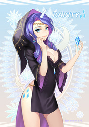 Size: 600x851 | Tagged: safe, artist:momori, rarity, human, g4, abstract background, breasts, busty rarity, cleavage, cutie mark, ear piercing, earring, eyeshadow, female, horn, horned humanization, humanized, jewelry, looking at you, makeup, piercing, side slit, signature, smiling, smiling at you, solo, witch