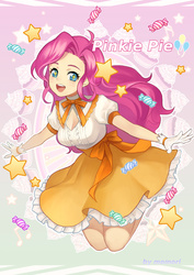 Size: 600x849 | Tagged: safe, artist:momori, pinkie pie, human, g4, abstract background, boob window, bow, breasts, busty pinkie pie, candy, clothes, dress, female, food, frills, gloves, humanized, open mouth, solo, wingding eyes