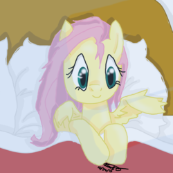 Size: 1024x1024 | Tagged: safe, artist:artawesomeness8, fluttershy, pegasus, pony, g4, bed, bed mane, blanket, bust, dishevelled, female, in bed, mare, messy mane, morning ponies, partially open wings, pillow, smiling, solo, stray strand, waking up, wings