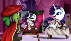 Size: 1824x1068 | Tagged: safe, artist:supermare, rarity, spike, dragon, pony, unicorn, g4, assassin's creed, clothes, crossover, draw me like one of your french girls, ezio auditore, female, leonardo da vinci, male, painting, rose, ship:sparity, shipping, straight