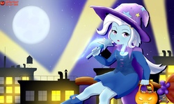 Size: 1153x692 | Tagged: dead source, safe, artist:pika-chany, trixie, equestria girls, g4, broom, candy, clothes, female, flying, flying broomstick, food, halloween, hat, legs, moon, night, night sky, skirt, sky, solo, stars, trixie's hat, wand