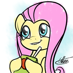 Size: 850x850 | Tagged: safe, artist:ethaes, fluttershy, g4, scare master, female, juice box, lip bite, scene interpretation, simple background, smiling, solo