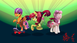 Size: 2954x1662 | Tagged: safe, artist:alumx, apple bloom, scootaloo, sweetie belle, crusaders of the lost mark, g4, cape, clothes, cmc cape, cutie mark, cutie mark crusaders, helmet, scooter, the cmc's cutie marks