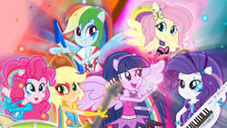 Size: 1024x576 | Tagged: safe, artist:sailortrekkie92, applejack, fluttershy, pinkie pie, rainbow dash, rarity, twilight sparkle, equestria girls, g4, my little pony equestria girls: rainbow rocks, ponied up, the rainbooms, twilight sparkle (alicorn), wallpaper