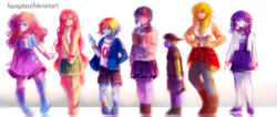 Size: 3960x1682 | Tagged: safe, artist:aquagalaxy, applejack, fluttershy, pinkie pie, rainbow dash, rarity, spike, twilight sparkle, equestria girls, g4, clothes, equestria girls outfit, human spike, humanized, mane seven, mane six