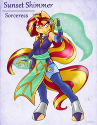 Size: 1275x1650 | Tagged: safe, artist:ambris, sunset shimmer, anthro, unguligrade anthro, adventuring is magic, equestria girls, g4, abs, armpits, colored pupils, curved horn, female, glowing, horn, magic, solo, sorceress