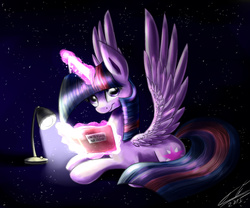 Size: 1200x1000 | Tagged: safe, artist:yummiestseven65, twilight sparkle, alicorn, pony, g4, book, female, lamp, magic, mare, prone, reading, solo, space, spread wings, stars, telekinesis, twilight sparkle (alicorn)