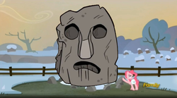 Size: 800x446 | Tagged: safe, edit, edited screencap, screencap, pinkie pie, earth pony, pony, g4, hearthbreakers, season 5, discovery family logo, female, fence, gravity falls, holder's boulder, holder's new boulder meme, male, mare, raised hoof, rock, rock that looks like a face rock, saddle bag, snow, solo, tourist trapped, tree, winter