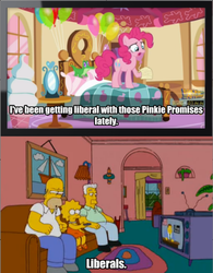 Size: 640x819 | Tagged: safe, gummy, pinkie pie, g4, the one where pinkie pie knows, back to the future, balloon, bedroom, homer simpson, image macro, kent brockman, liberals, lisa simpson, male, meme, pinkie promise, pun, television, the simpsons