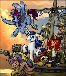 Size: 1103x1263 | Tagged: safe, artist:harwick, shining armor, oc, oc:charming booty, oc:harpoon, oc:patches, alicorn, earth pony, pegasus, pony, unicorn, g4, blushing, boots, bucket, clothes, dagger, ear piercing, earring, fanfic, fanfic art, fanfic cover, female, figurehead, filly, flying, jewelry, leg rings, male, mare, mop, mouth hold, piercing, pirate, pirate ship, raised hoof, ship, stallion, weapon