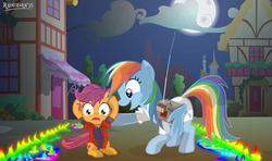 Size: 4951x2934 | Tagged: safe, artist:rainihorn, rainbow dash, scootaloo, crusaders of the lost mark, g4, back to the future, crossover, doc brown, marty mcfly, show accurate