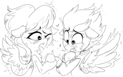 Size: 1313x824 | Tagged: safe, artist:whydomenhavenipples, cloudchaser, fleetfoot, pegasus, pony, ahegao, black and white, blushing, clothes, coat, consensual, crack shipping, drool, female, fleetchaser, floppy ears, fluffy, grayscale, heart eyes, holding hooves, jacket, lesbian, lewd, monochrome, open mouth, shipping, spread wings, sweat, tongue out, warmup suit, wat, wavy mouth, wide eyes, wingboner, wingding eyes, wink