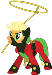 Size: 8031x11471 | Tagged: safe, artist:sugar-loop, applejack, mistress marevelous, pony, g4, power ponies (episode), .ai available, .svg available, absurd resolution, adobe illustrator, box art, clothes, costume, female, lasso, mouth hold, power ponies, rope, simple background, solo, superhero, transparent background, vector